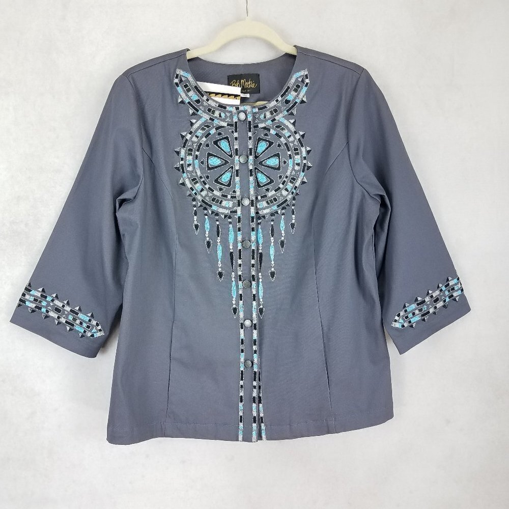 NWT Bob Mackie Jacket Wearable Art Embroidered Artsy Art Deco Boho Gray Medium M